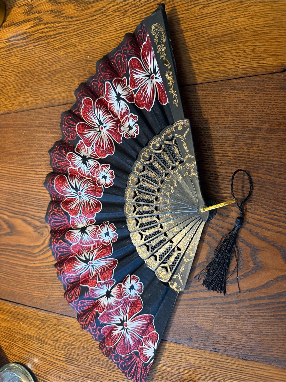 Black Folding Hand Fan with Red Floral Design